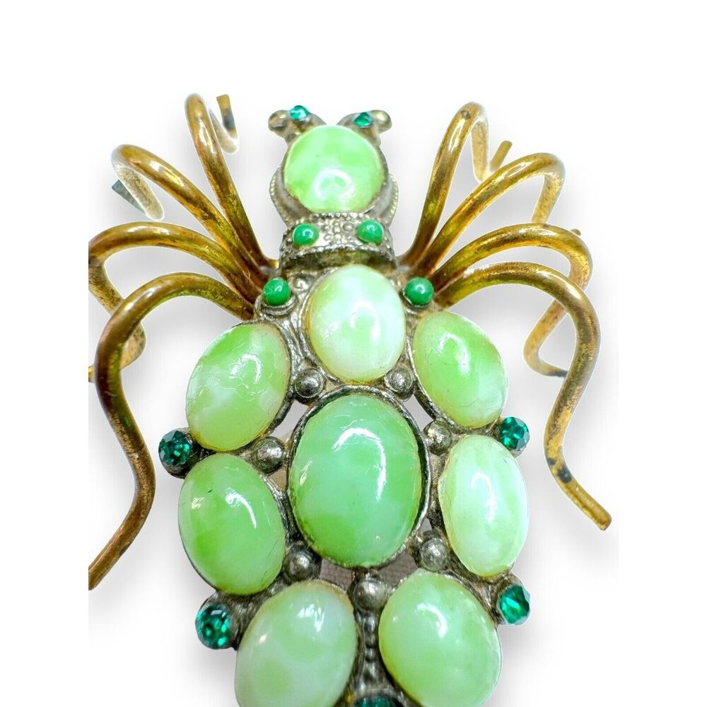 Art Nouveau Jadeite Brass Spider Brooch Green Crystal - Picture 15 of 16